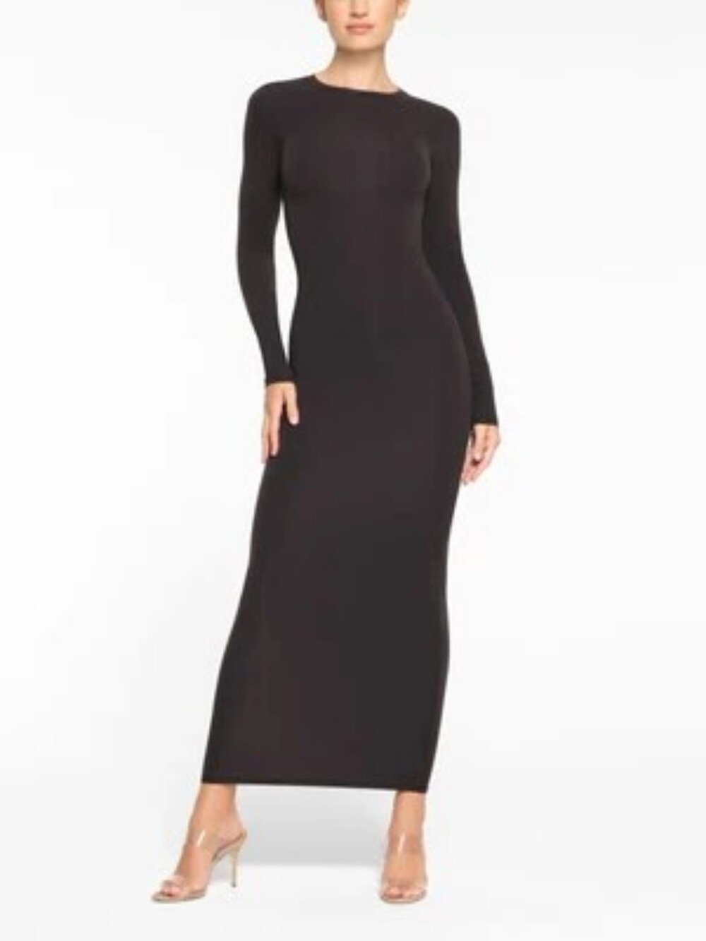 Skims Fits Everybody Crew Neck Long Sleeve Dress in Onyx, Size Medium
